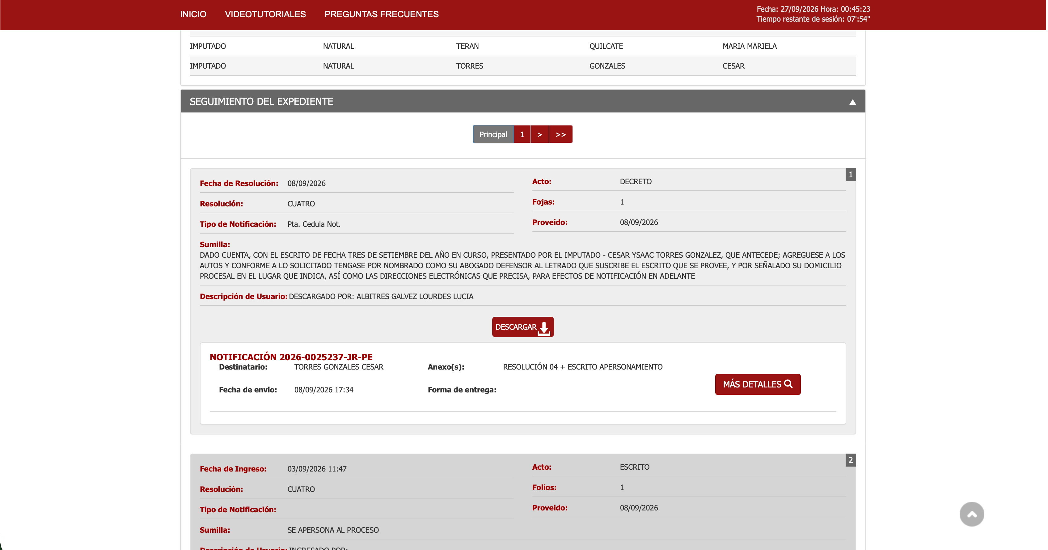 Lista de resoluciones del expediente con el botón de descarga