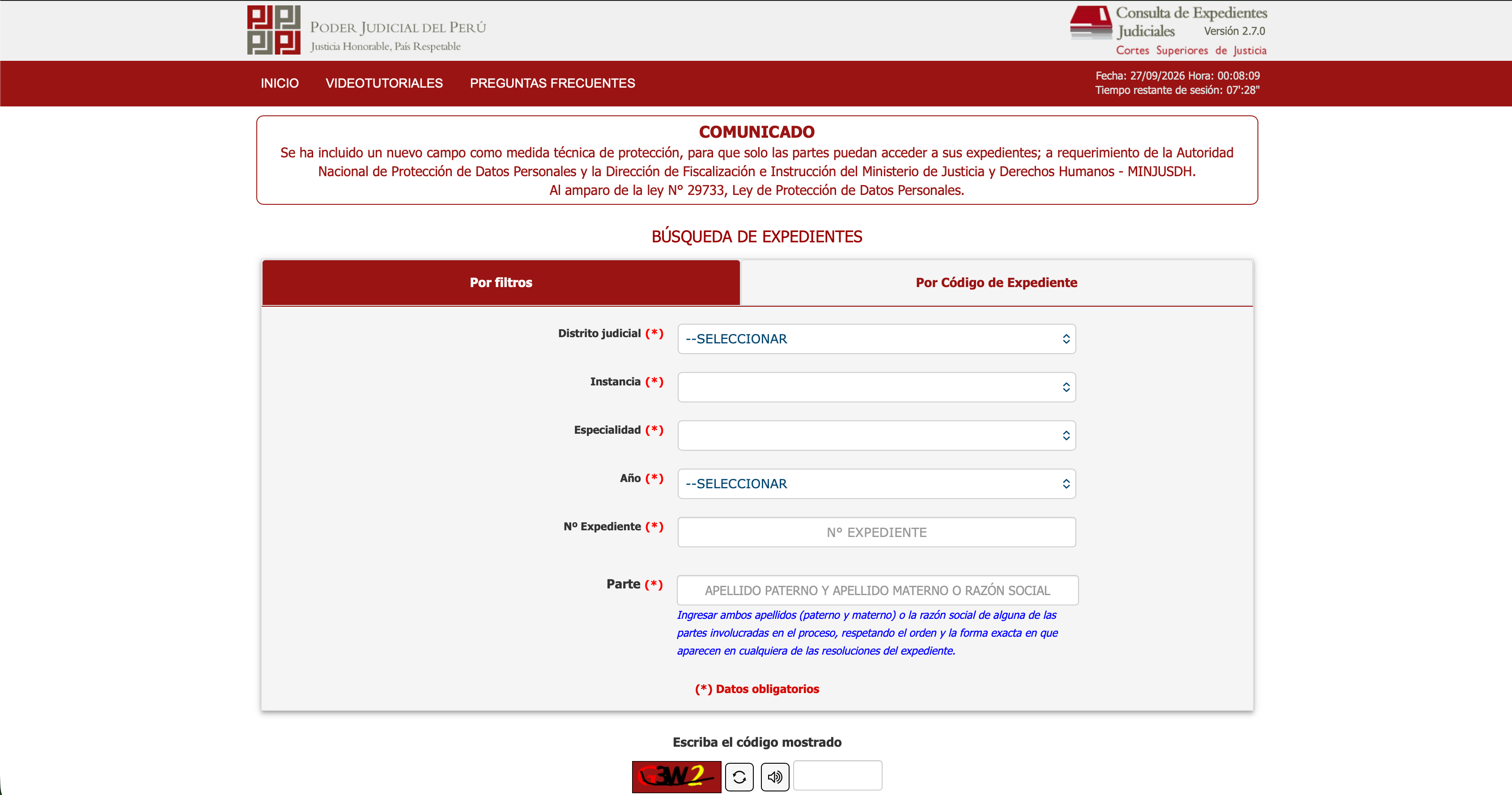 Formulario del CEJ con las pestañas «Por filtros» y «Por Código de Expediente»