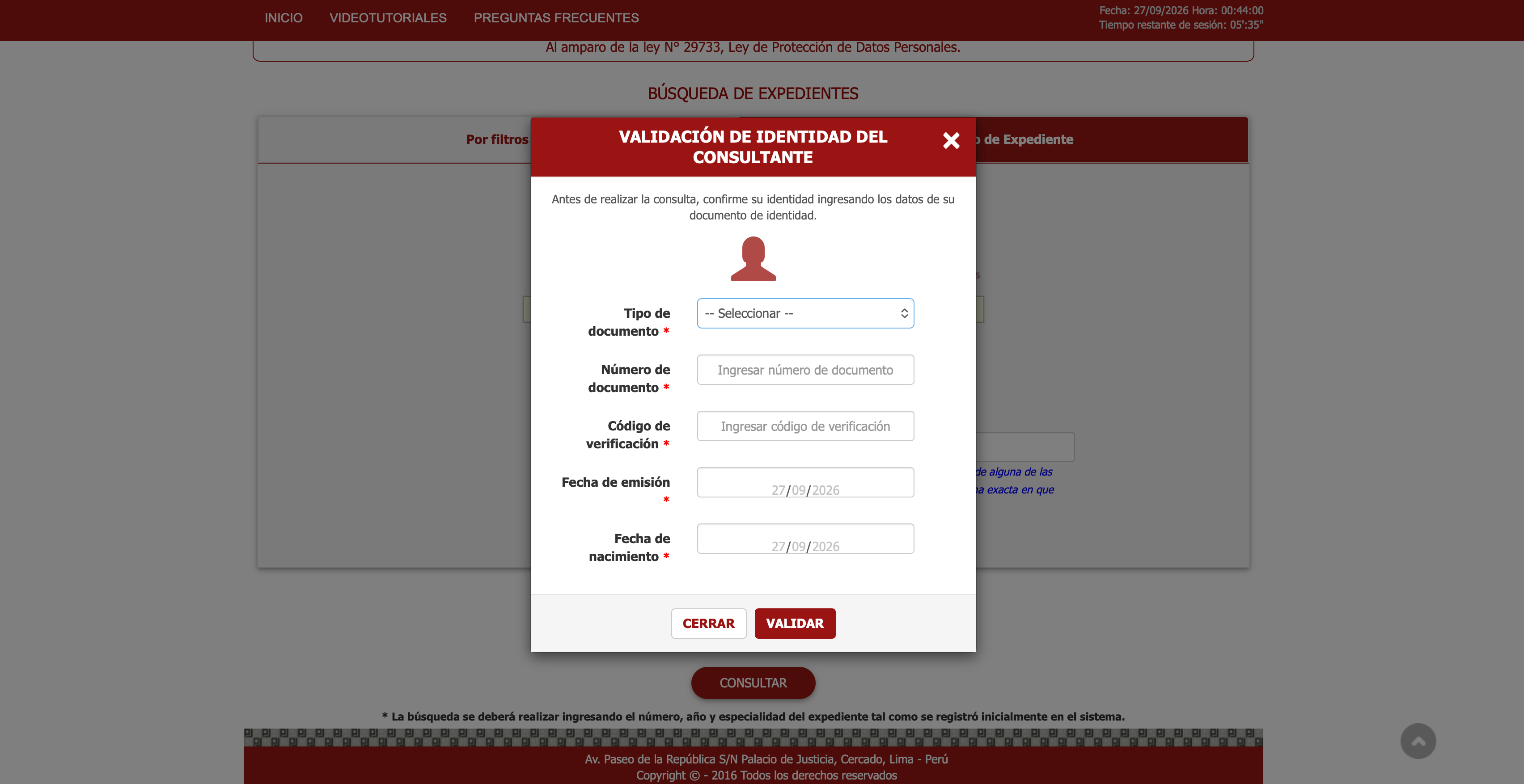 Ventana de validación de identidad del consultante en el CEJ