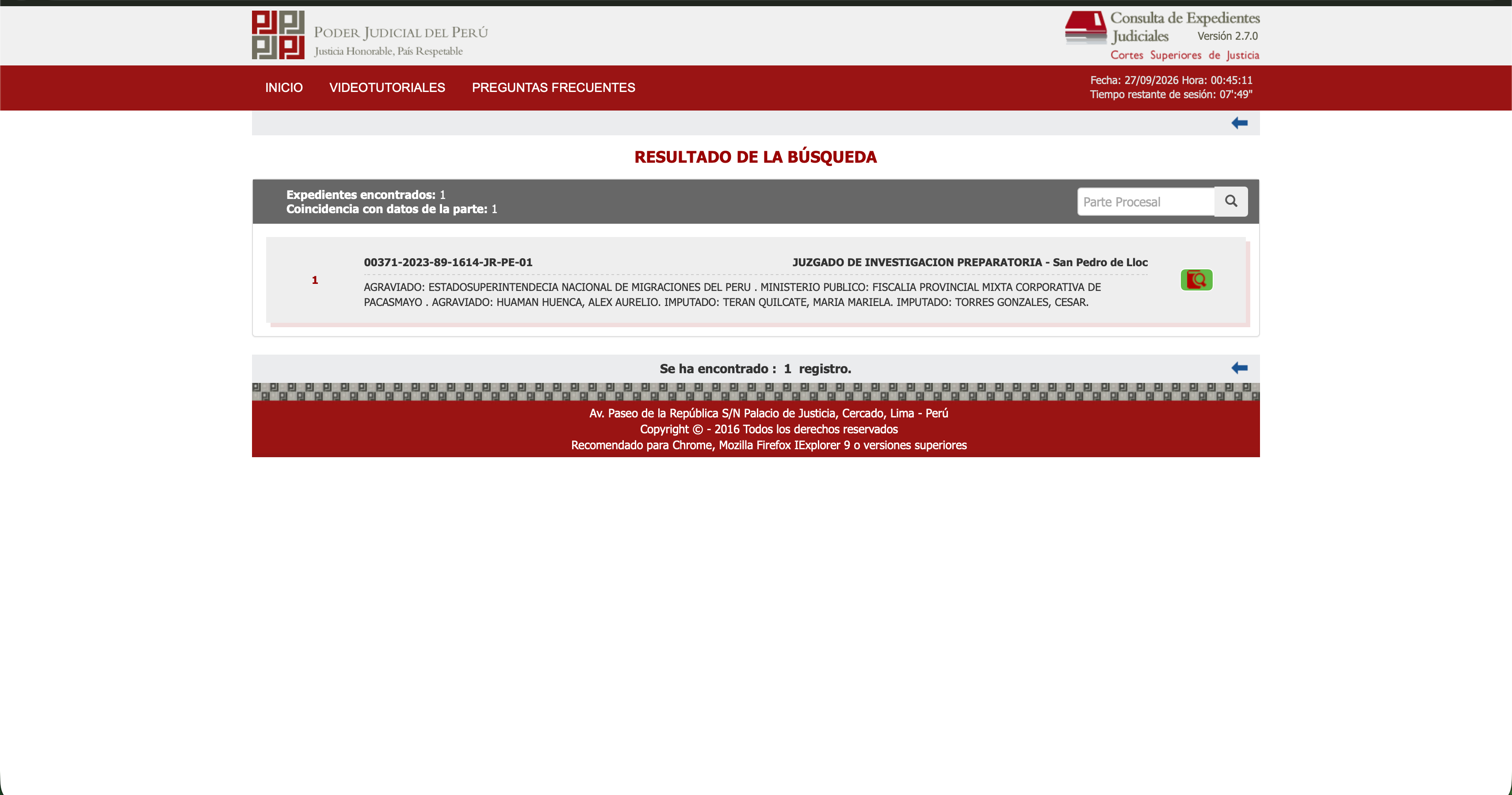Resultado de la búsqueda en el CEJ con el botón verde de seguimiento